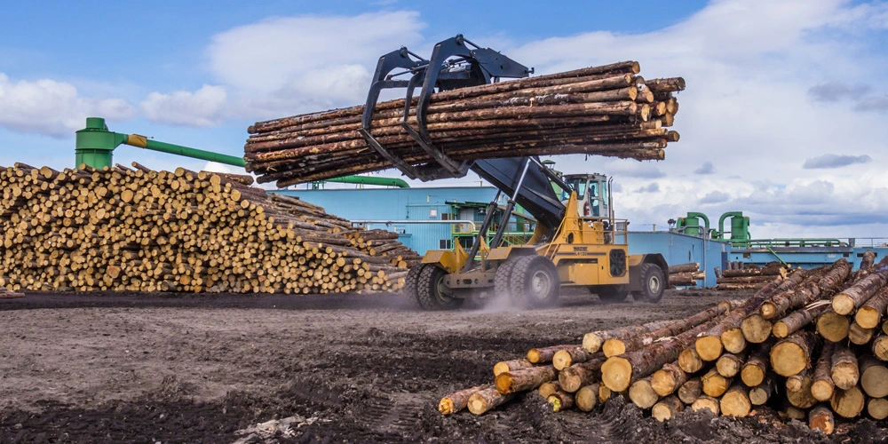 Yellow Wagner Logstacker driving with a raised load of logs